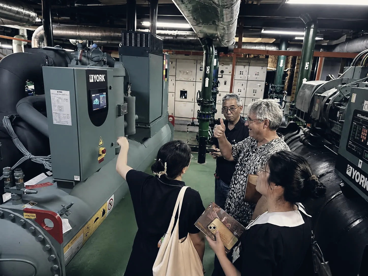 DCKV engineers surveying chillers in a hotel plant room